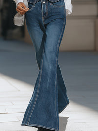 Dark Blue Denim Vest, Shirt, Flared Pants Three-Piece Suit