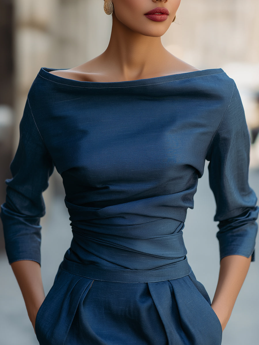 Off-Shoulder Draped Waist Tailored Top