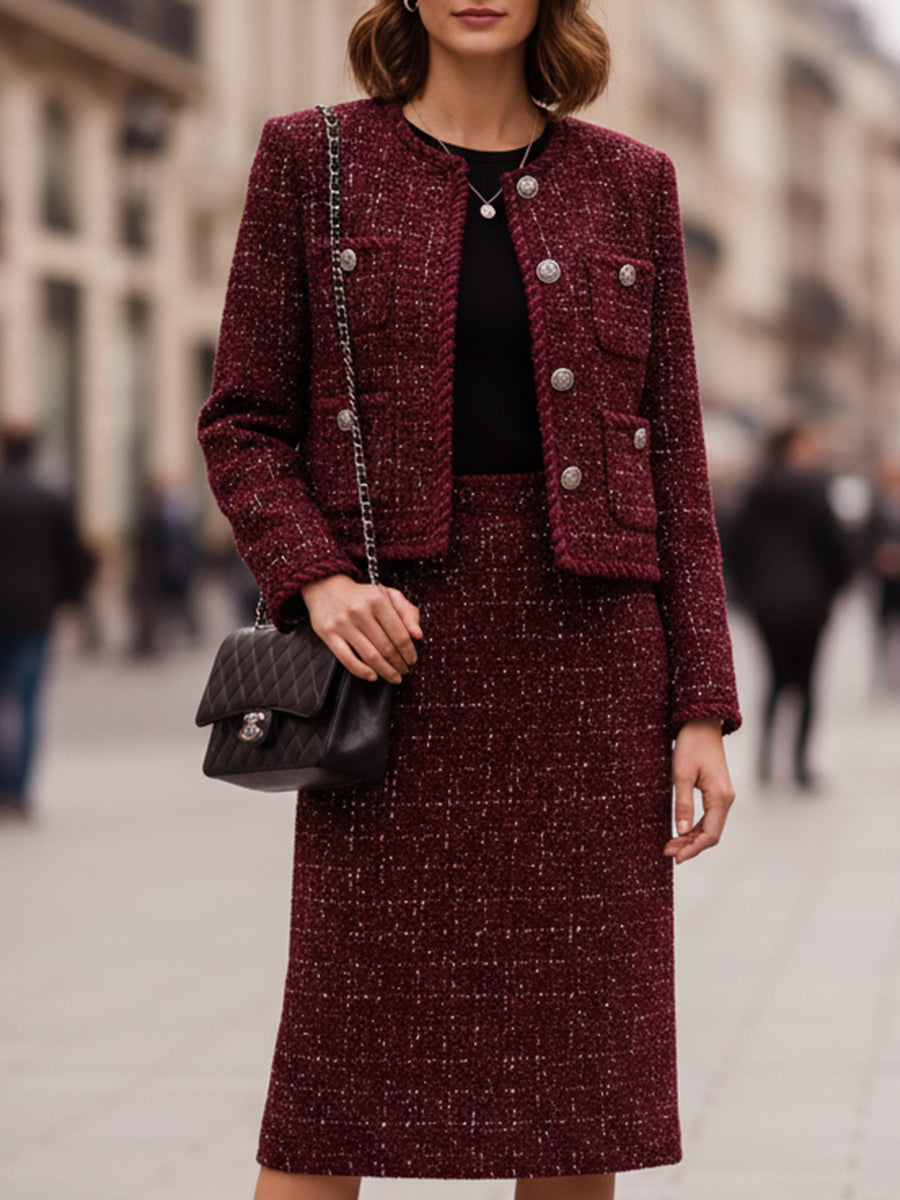 Burgundy Tweed Skirt Suit With Silver-Tone Buttons