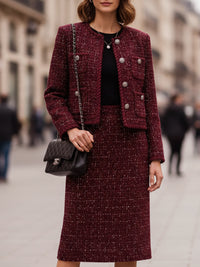 Burgundy Tweed Skirt Suit With Silver-Tone Buttons