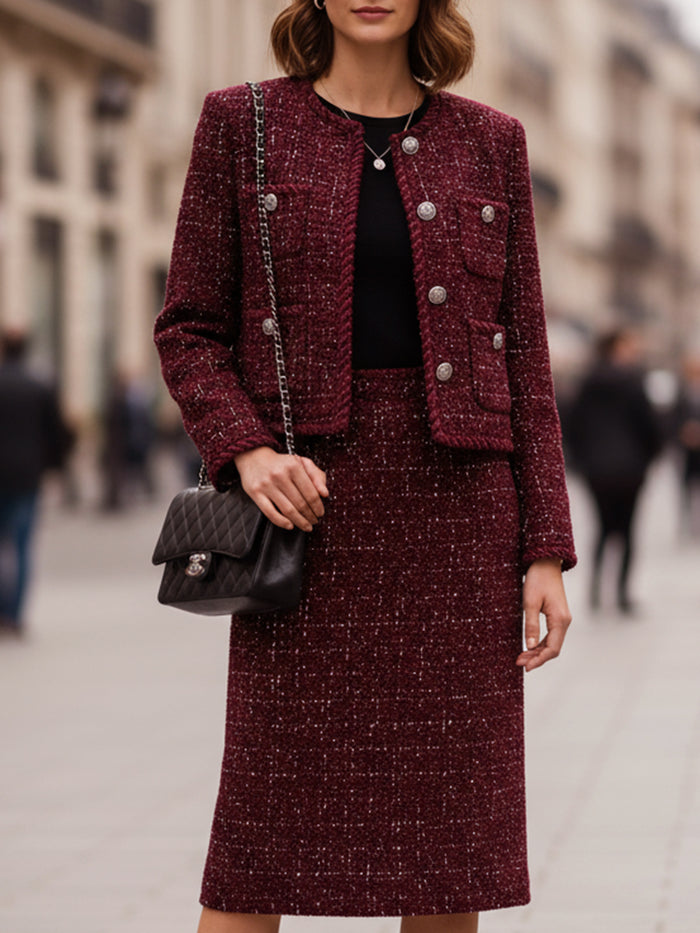 Burgundy Tweed Skirt Suit With Silver-Tone Buttons