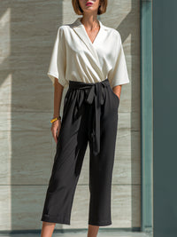 Draped Lapel Top & Tie-Waist Cropped Pants Set