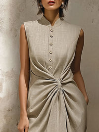 Linen-Blend Midi Dress With Mandarin Collar