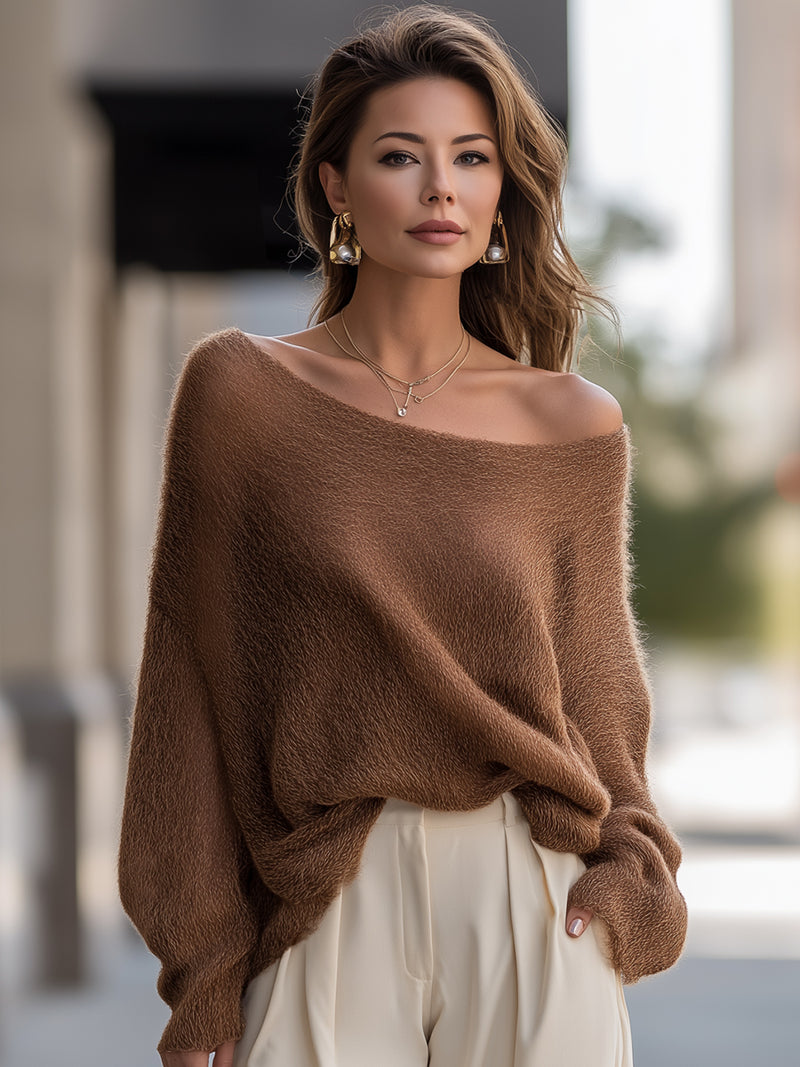 Chestnut Off-Shoulder Fluffy Knit Sweater