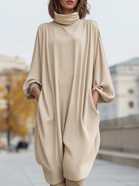 Elegant Oversized High-Neck Drape Dress With Batwing Sleeves