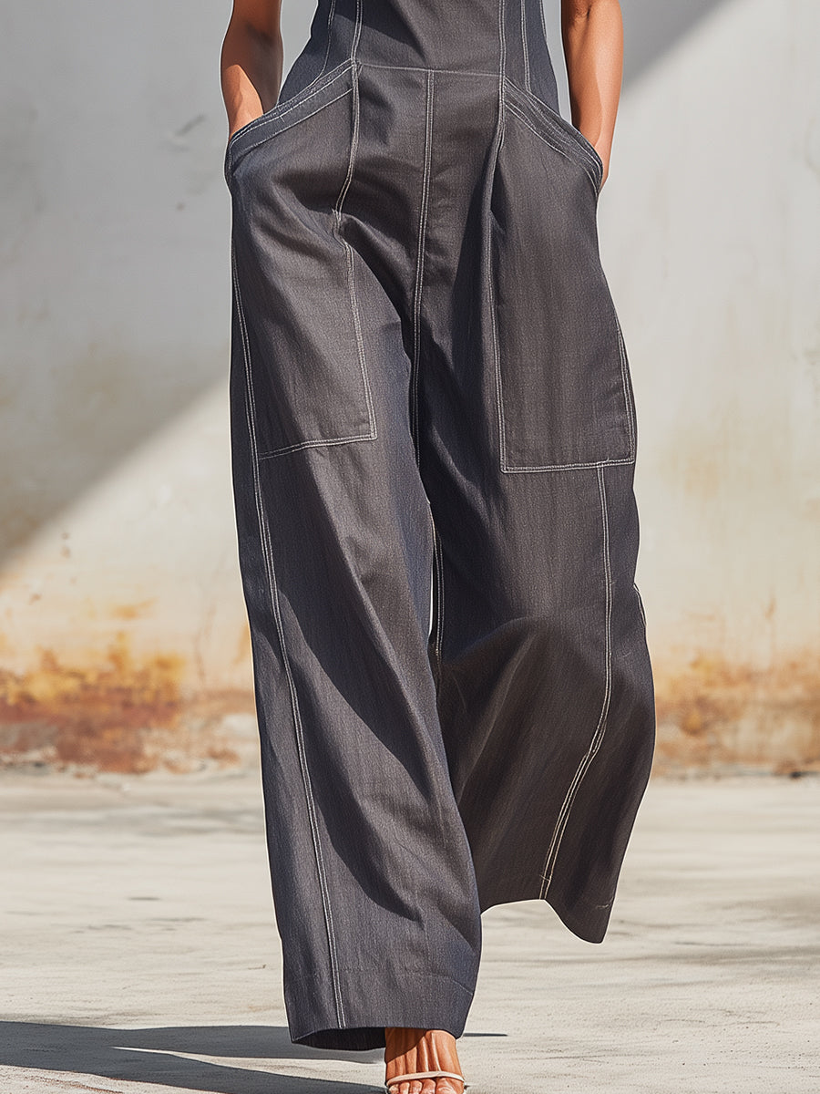 Modern Utility Sleeveless Zip-Up Wide-Leg Jumpsuit – Minimalist Chic Style
