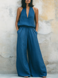 Deep V Halter Top & Wide-Leg Pants Set