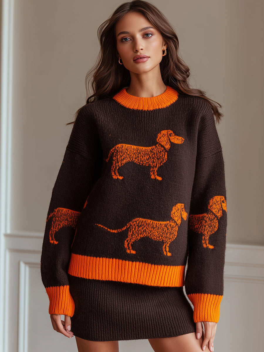 Chocolate Brown Knit Sweater And Skirt Set, Sweater Adorned With Playful Dachshund Pattern