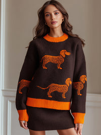 Chocolate Brown Knit Sweater And Skirt Set, Sweater Adorned With Playful Dachshund Pattern