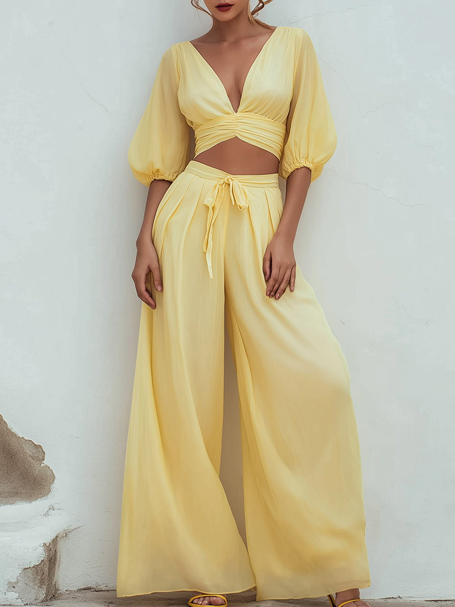 Elegant V-Neck Puff Sleeve Crop Top & Wide-Leg Pants Two-Piece Set