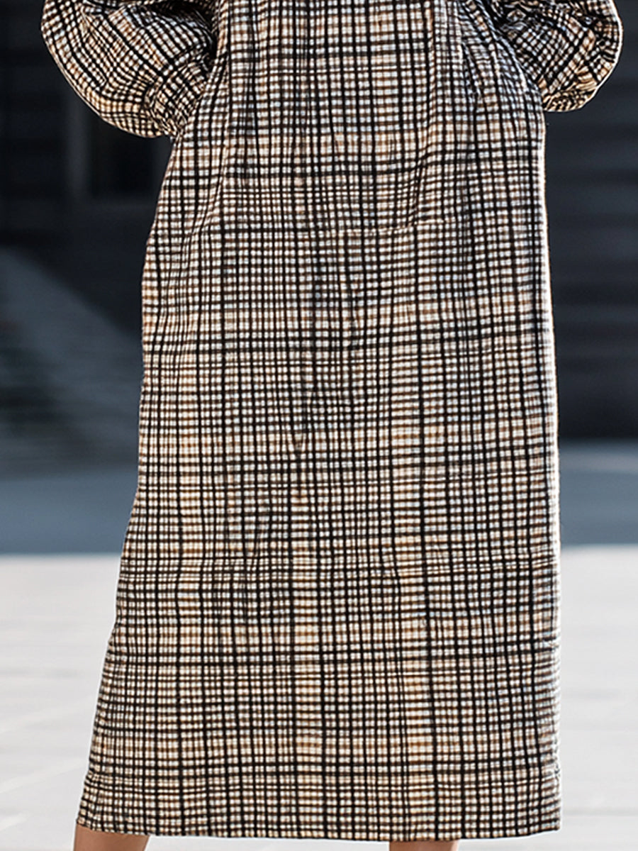 Checked High-Neck Long Sleeve Midi Dress