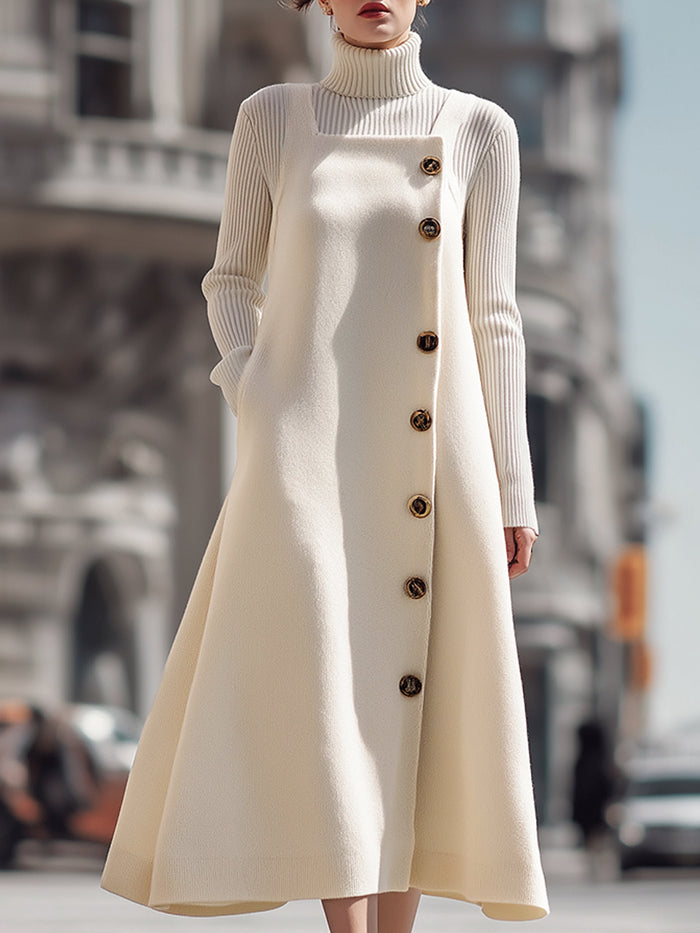 Ivory Buttoned Wool Blend Dress