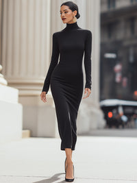 Elegant Long-Sleeve Turtleneck Maxi Dress