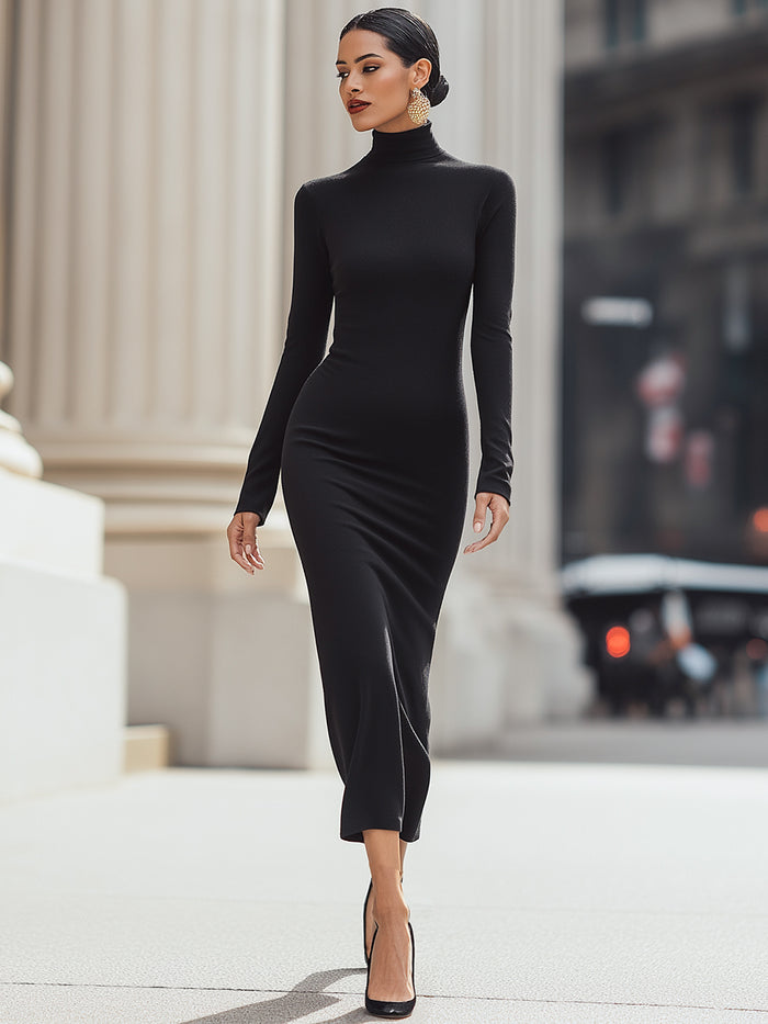 Elegant Long-Sleeve Turtleneck Maxi Dress