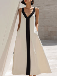 Contrast V-Neck Sleeveless Midi Dress With Vertical Panel