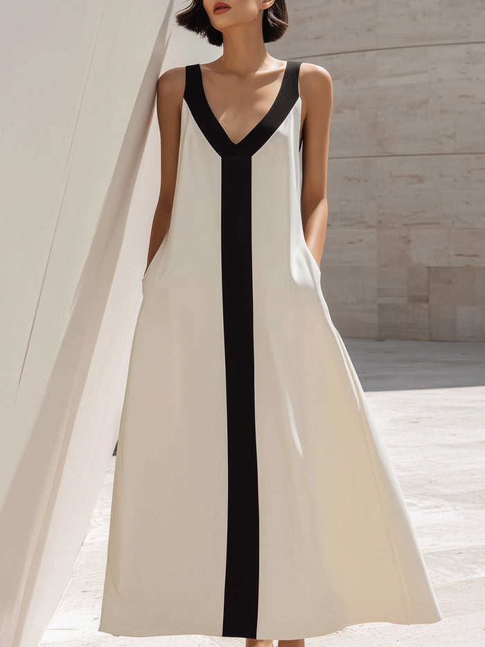Contrast V-Neck Sleeveless Midi Dress With Vertical Panel