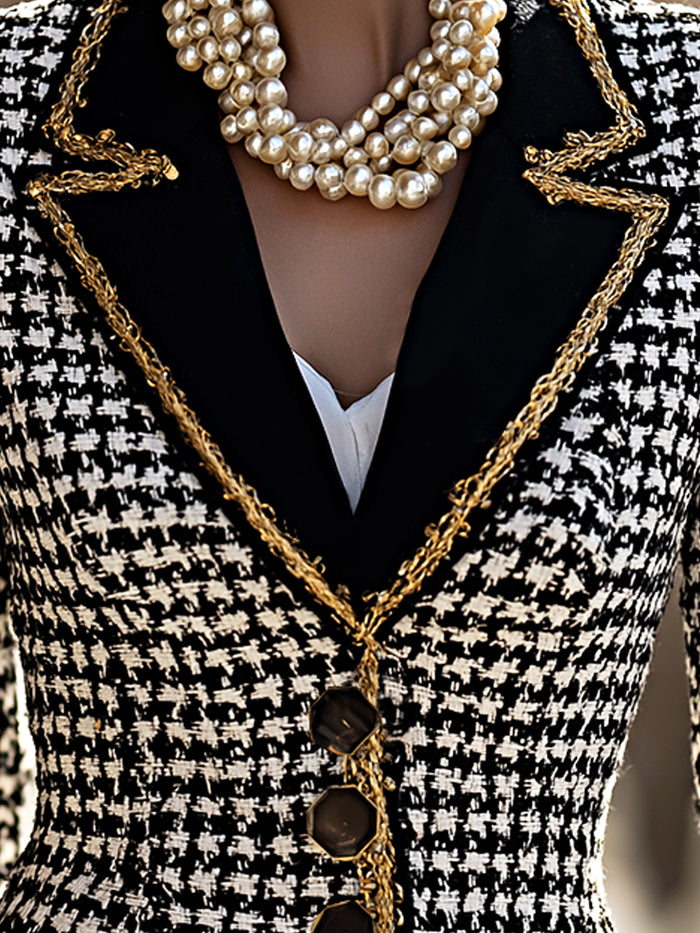 Houndstooth Gold-Trim Tweed Blazer