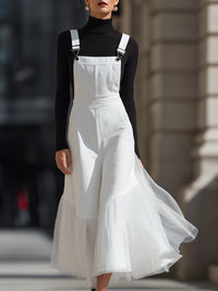 Elegant White Tulle-trimmed Denim Overalls