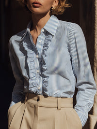 Striped Ruffle Trim Button-Down Blouse