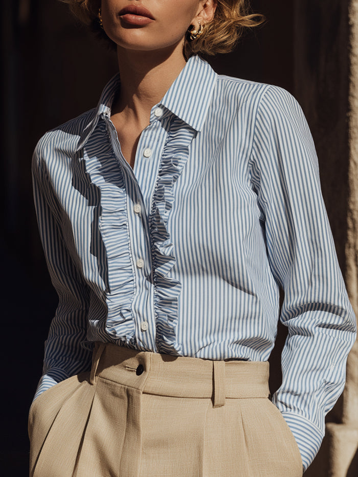 Striped Ruffle Trim Button-Down Blouse