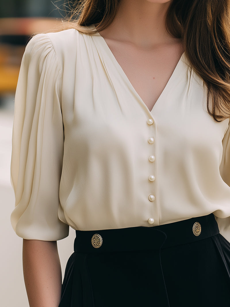 Pearl Button Pleated Blouse