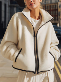 Cream Zip-Up Fleece Jacket With Contrast Trim