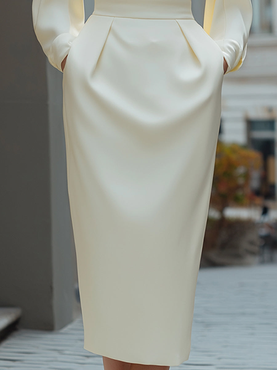 Ivory Draped Neck Long-Sleeve Midi Dress