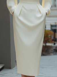 Ivory Draped Neck Long-Sleeve Midi Dress