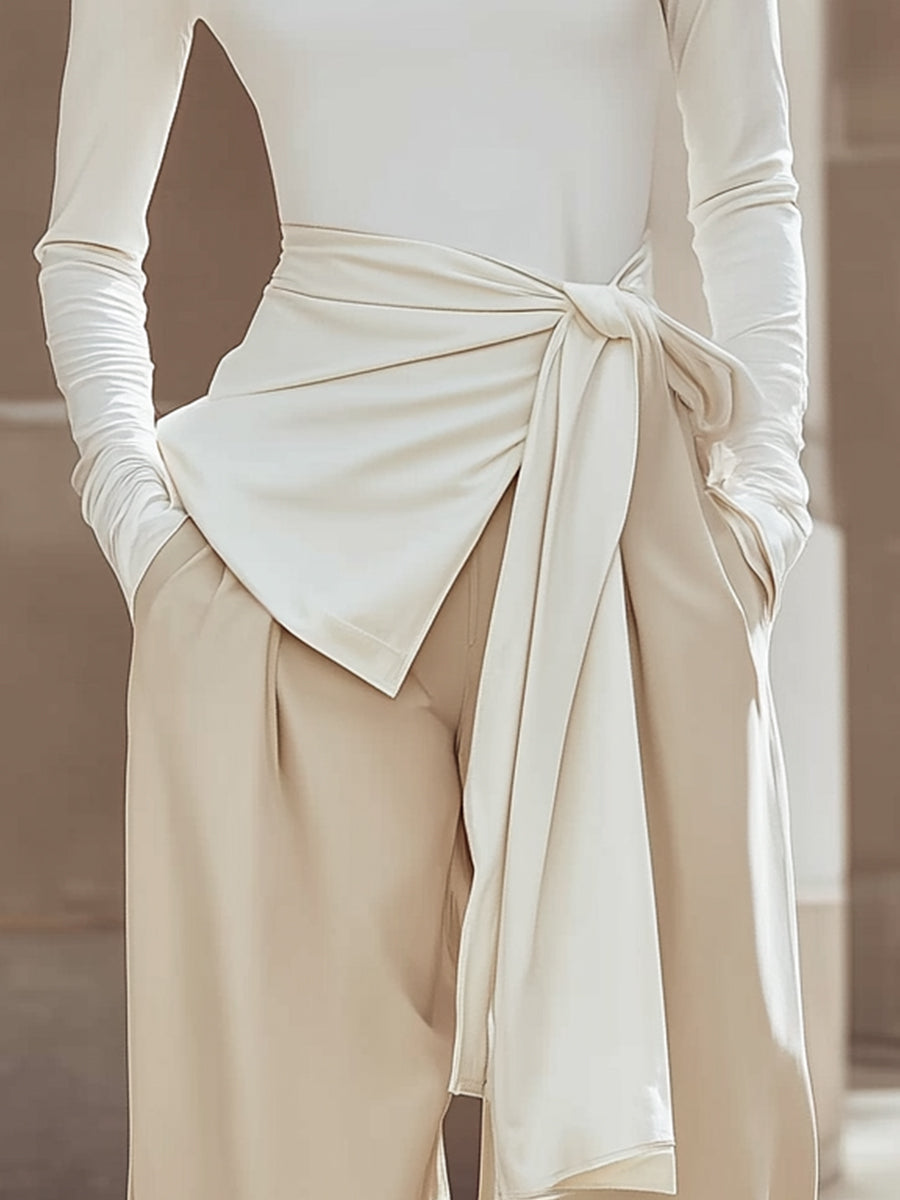 Draped Waist Turtleneck Top In Ivory