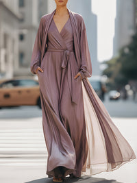 Pleated Wrap-Style Maxi Dress With Flowing Shawl Two-Piece Set