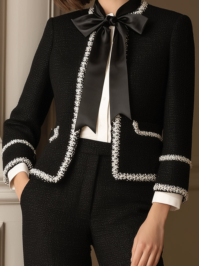 Contrast Trim Tweed Suit Set With Satin Bow
