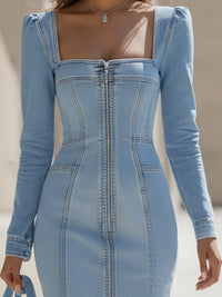Square-Neck Structured Denim Midi Dress With Front Slit