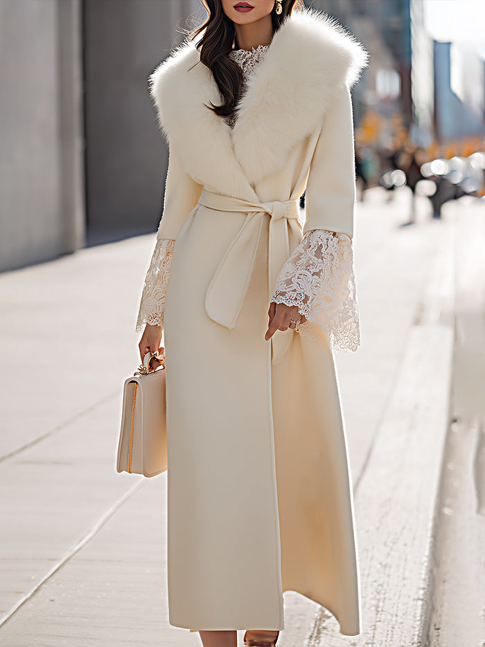 Elegant Ivory Faux Fur Collar Belted Coat