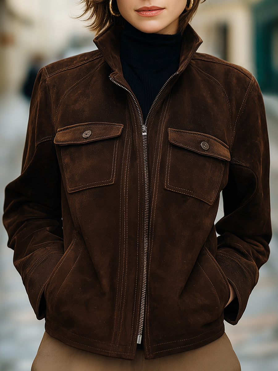 Mocha Brown Suede Zip-Up Jacket