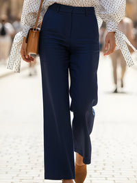 Striped Turtleneck Tie-Sleeve Shirt With Navy Blue Straight-Leg Pants Set