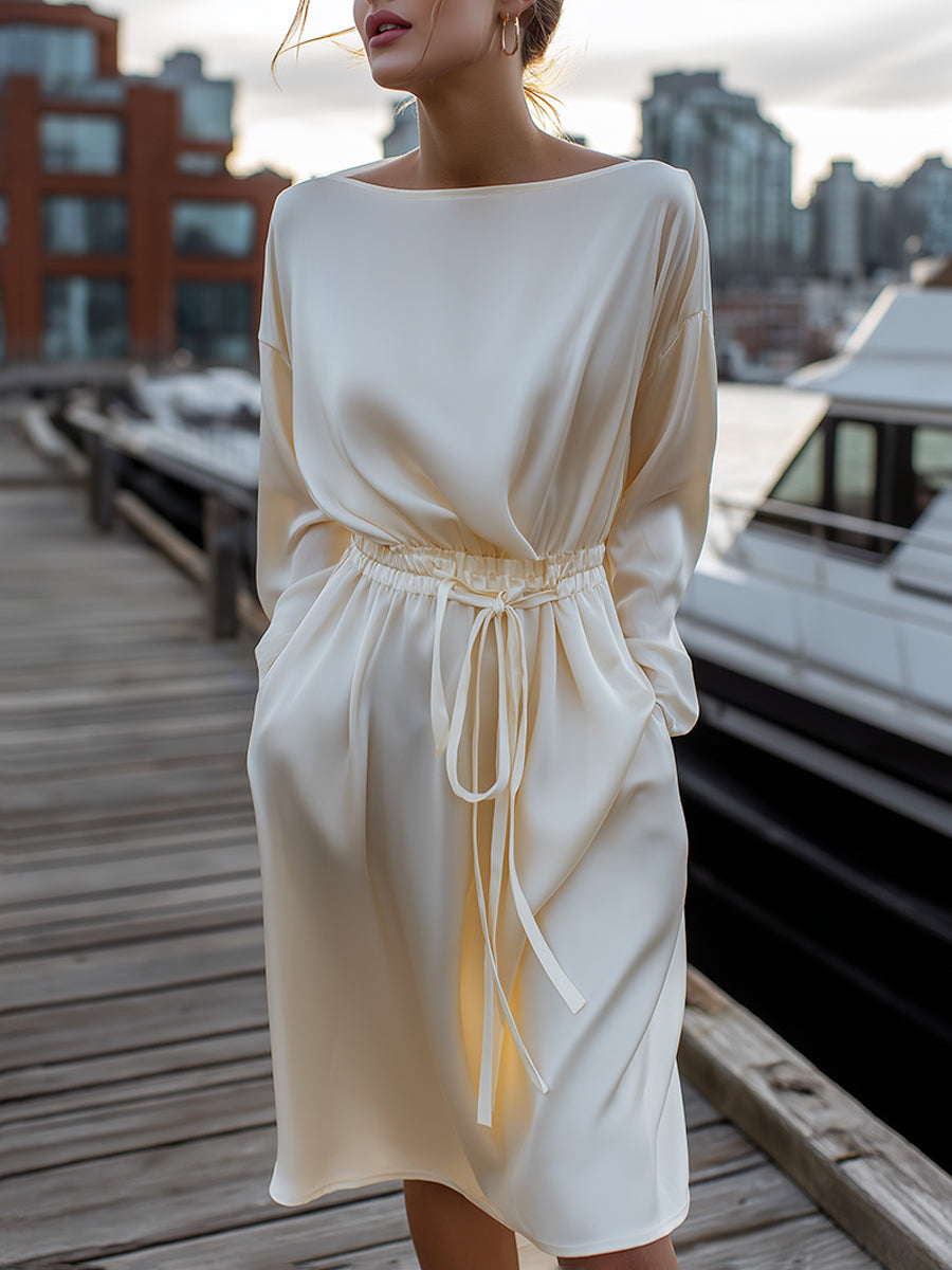 Ivory Satin Drawstring Dress With Long Sleeves