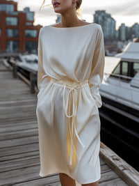 Ivory Satin Drawstring Dress With Long Sleeves