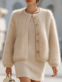 Cream Fluffy Knit Cardigan And Dress Set