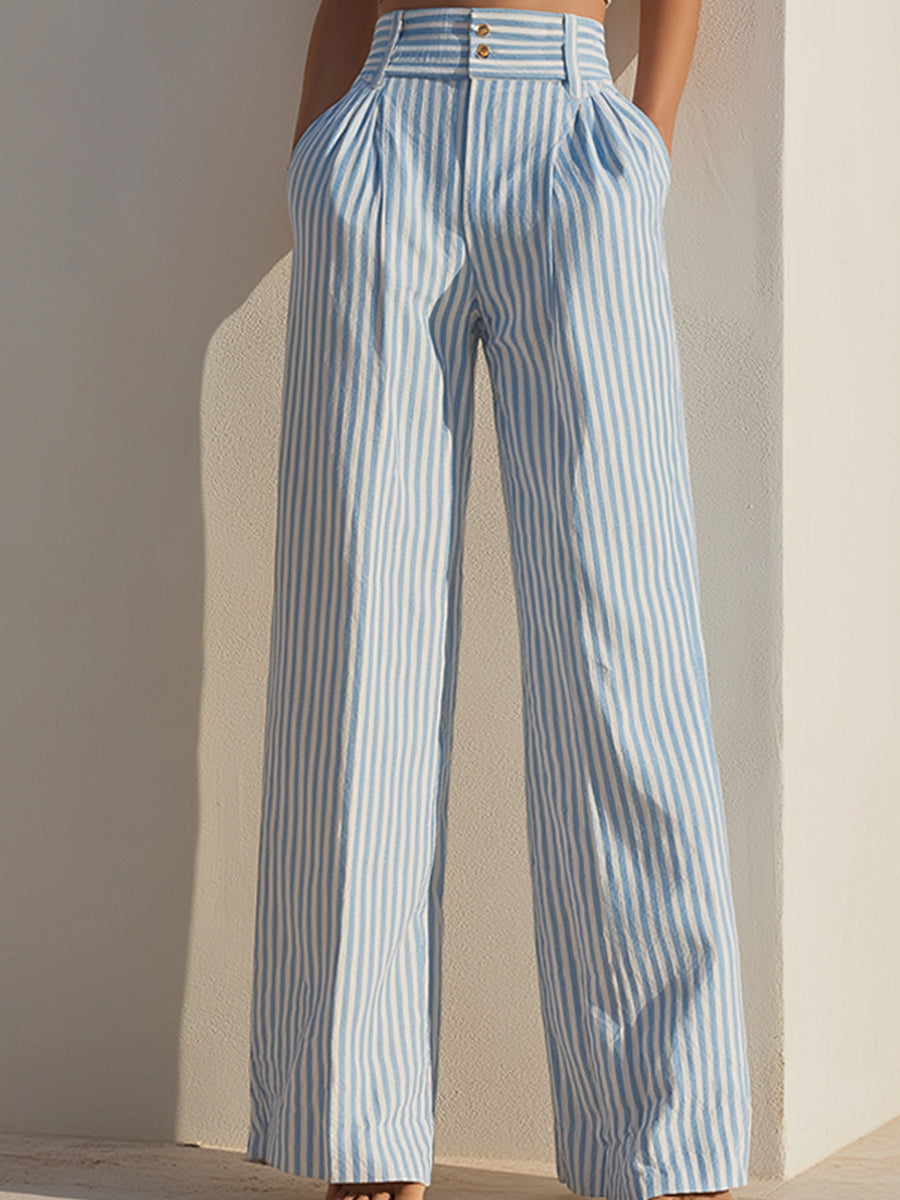 Blue & White Stripe Halter Crop Top And Wide-Leg Pants Set