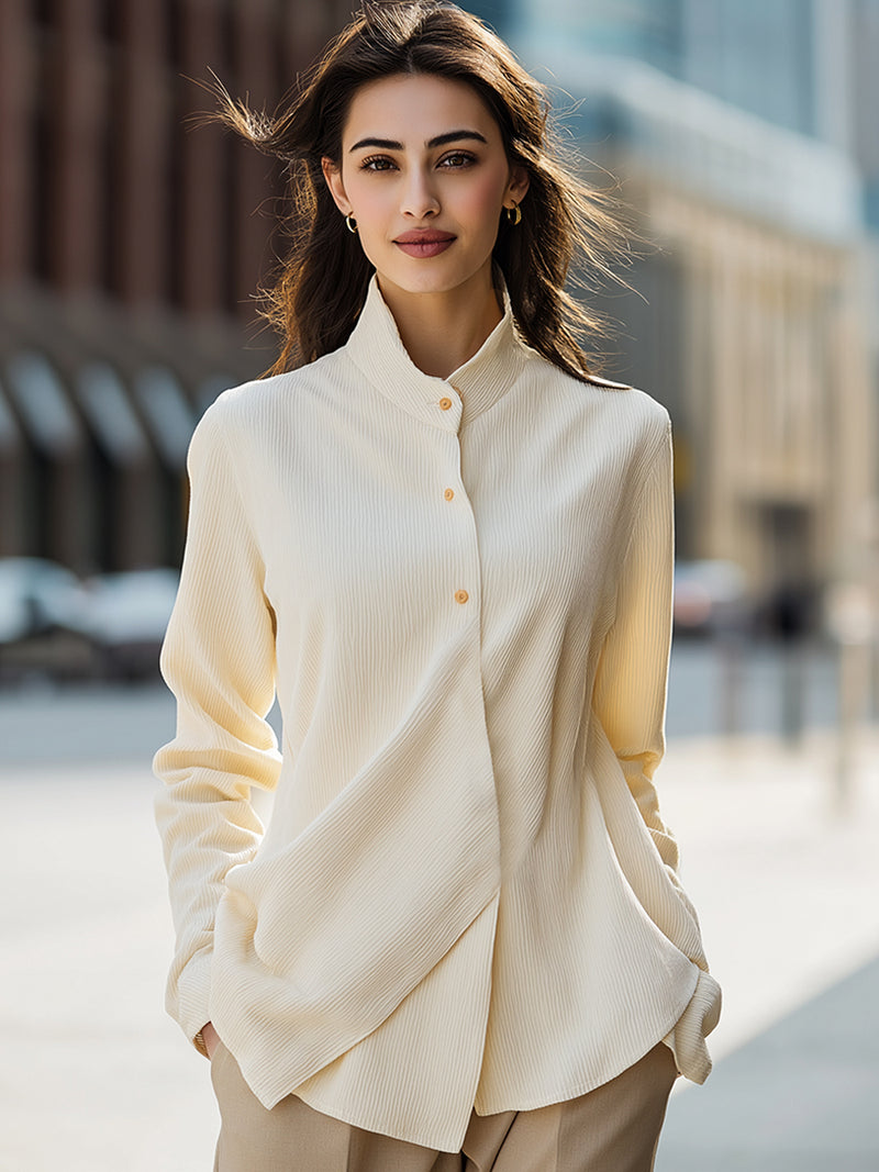 Elegant Cream Button-Up Shirt With Subtle Pleats