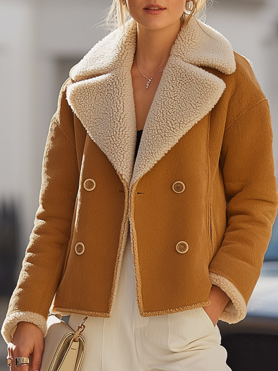 Camel Shearling-Lined Double-Breasted Jacket