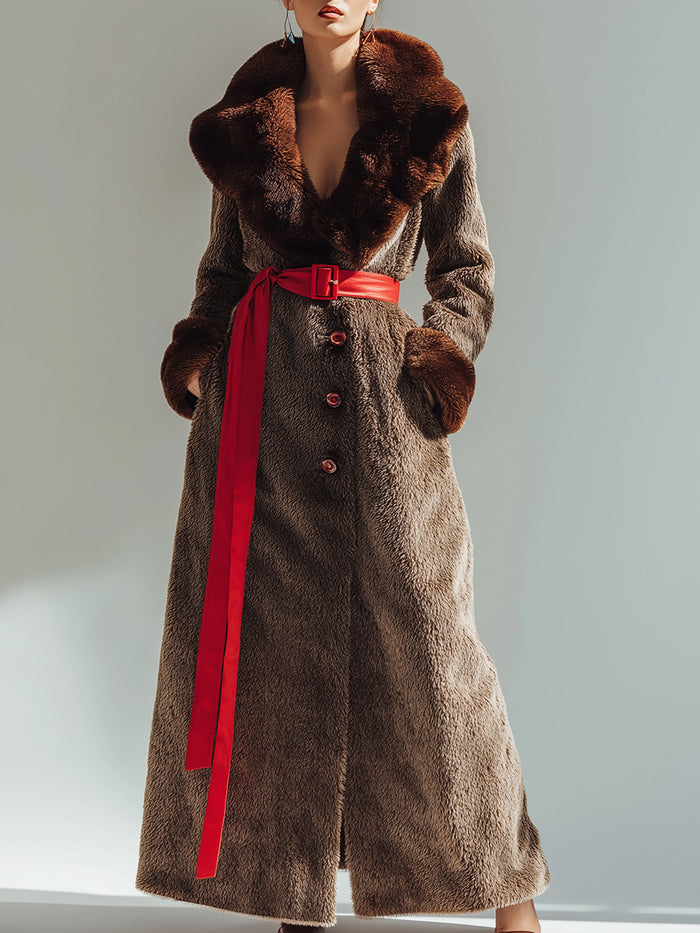 Faux Fur Longline Coat With Red Belt Accent