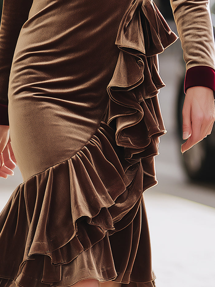Mocha Velvet Ruffle Wrap Midi Dress With Burgundy Lapels