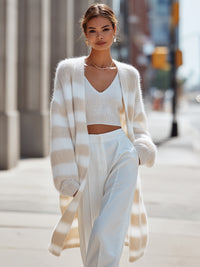Cream Striped Knitted Cardigan