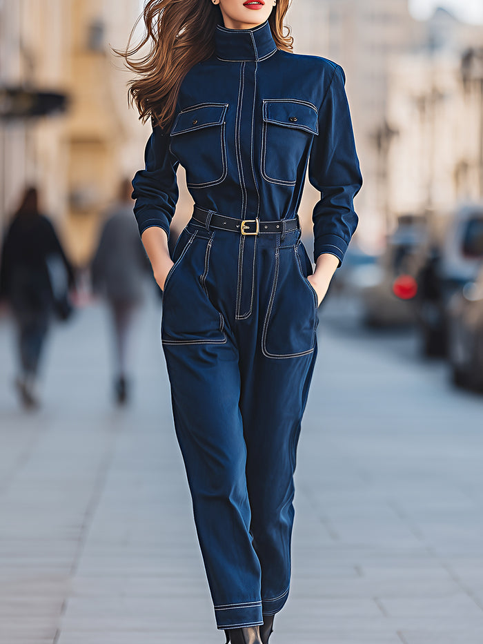 Belted High-Neck Utility Jumpsuit In Midnight Blue