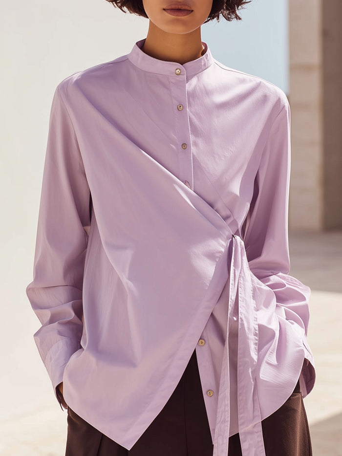 Lilac Asymmetric Wrap Shirt With Mandarin Collar