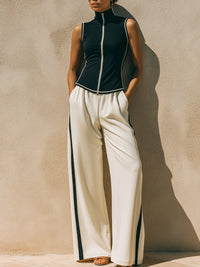 High-Neck Zip Top & Contrast Wide-Leg Pants Set