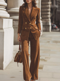 Slim-fit Suede Double-breasted Suit With Wide-leg Pants
