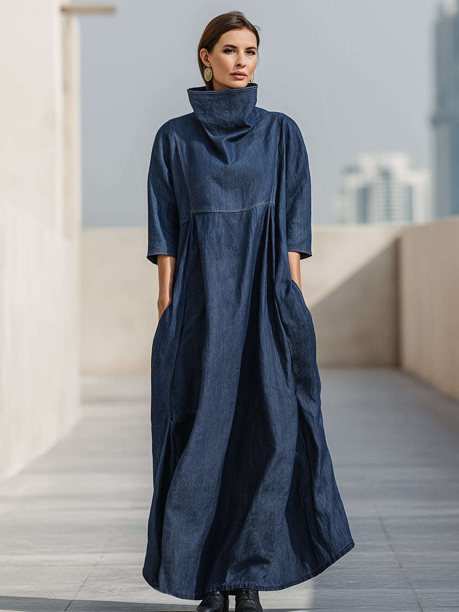 High-Neck Denim Maxi Dress With Sculpted Volume