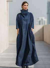 High-Neck Denim Maxi Dress With Sculpted Volume